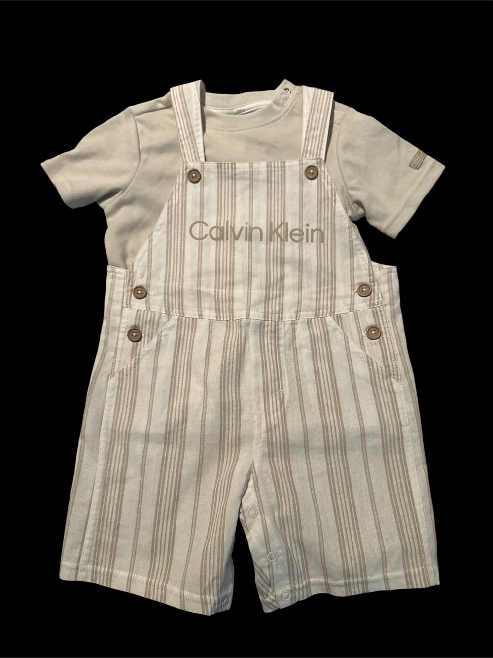 18 month Calvin Klein Cream & Tan Striped Kids Overall Set